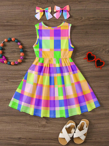 Casual Sleeveless Midi Dress For Young Girls, Suitable For Summer