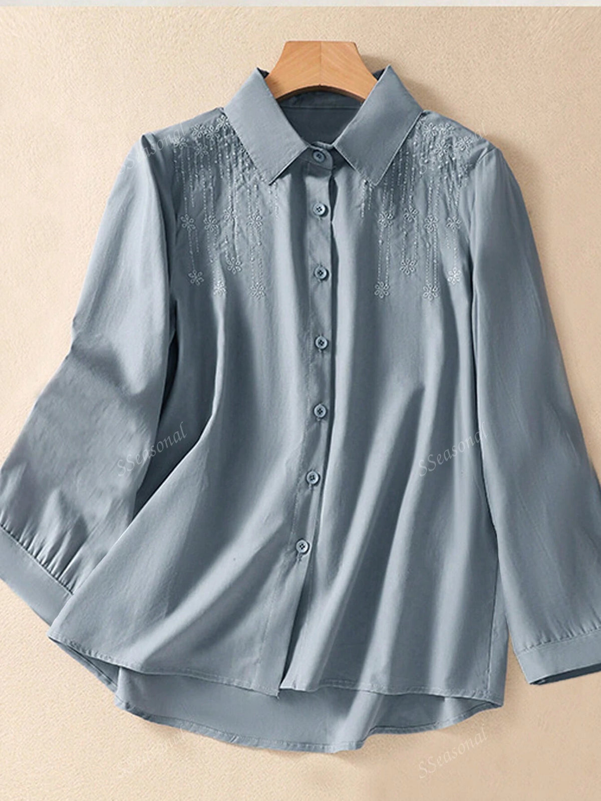 Casual Solid Color Embroidery Front Button Long Sleeve Shirt