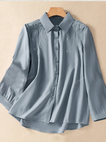 Casual Solid Color Embroidery Front Button Long Sleeve Shirt
