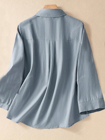 Casual Solid Color Embroidery Front Button Long Sleeve Shirt