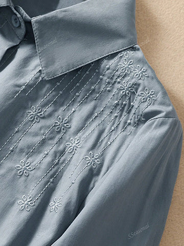 Casual Solid Color Embroidery Front Button Long Sleeve Shirt