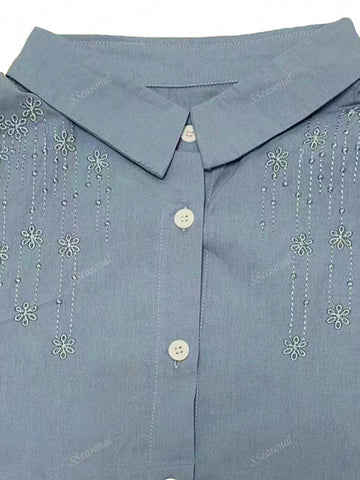 Casual Solid Color Embroidery Front Button Long Sleeve Shirt