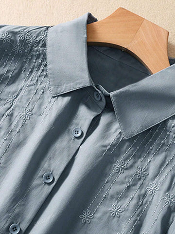 Casual Solid Color Embroidery Front Button Long Sleeve Shirt
