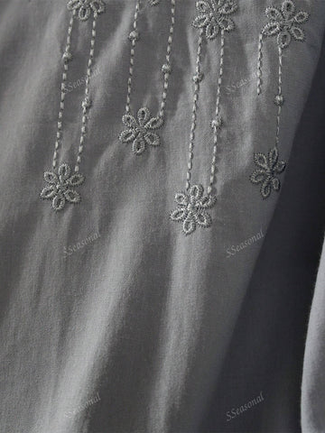 Casual Solid Color Embroidery Front Button Long Sleeve Shirt