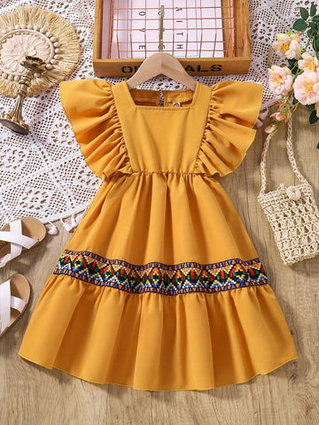 Casual Solid Color Ruffle Sleeve Girls" Dress