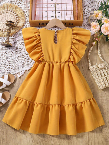 Casual Solid Color Ruffle Sleeve Girls" Dress