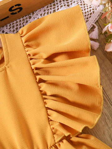 Casual Solid Color Ruffle Sleeve Girls" Dress