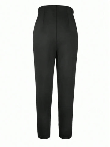 Casual Solid Color Waist Cinching Slim Fit Cropped Work Pants
