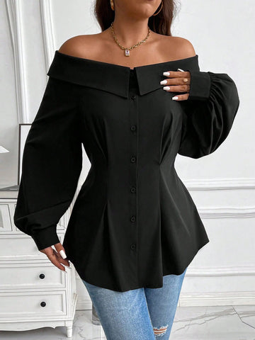 Casual Solid Off Shoulder Long Sleeve Blouse, Autumn