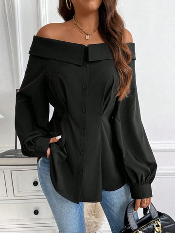 Casual Solid Off Shoulder Long Sleeve Blouse, Autumn