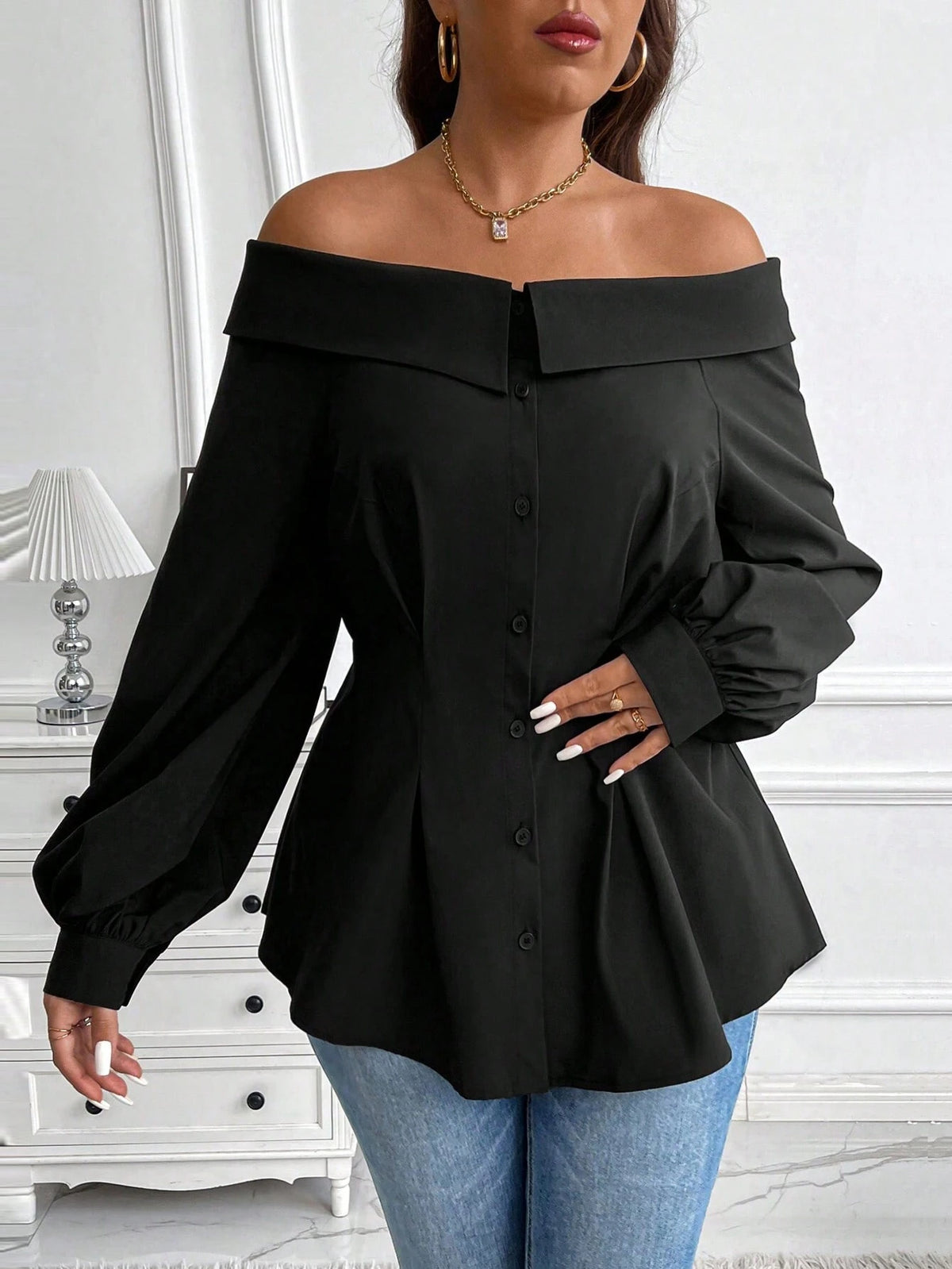 Casual Solid Off Shoulder Long Sleeve Blouse, Autumn