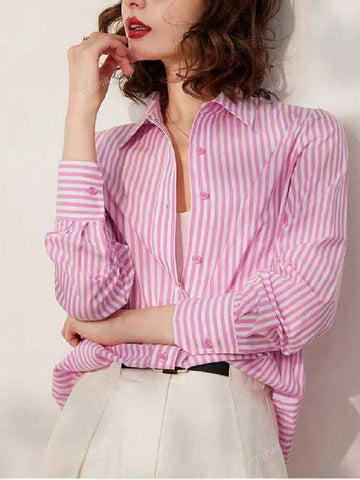 Casual Striped Loose Button-Down Shirt, Letter Embroidery & Turndown Collar, Long Sleeve