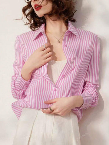 Casual Striped Loose Button-Down Shirt, Letter Embroidery & Turndown Collar, Long Sleeve
