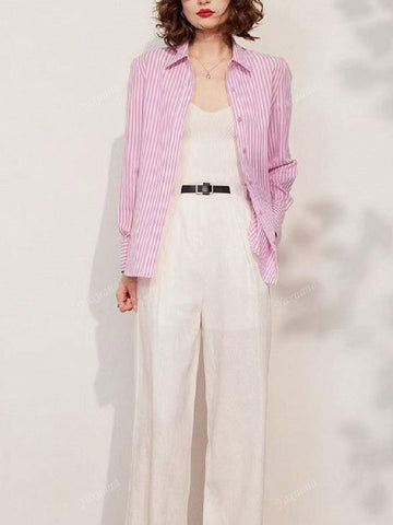 Casual Striped Loose Button-Down Shirt, Letter Embroidery & Turndown Collar, Long Sleeve