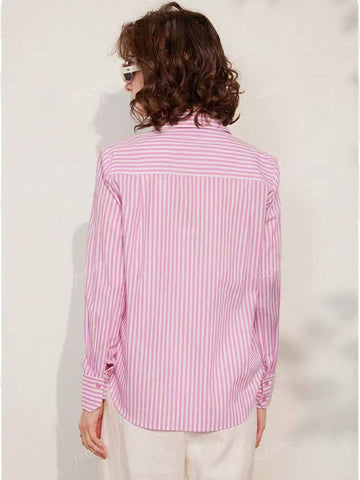 Casual Striped Loose Button-Down Shirt, Letter Embroidery & Turndown Collar, Long Sleeve