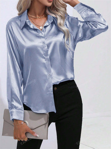 Casual Turn-Down Collar Button Faux Silk Satin Solid Color Long Sleeve Shirt Top For Women