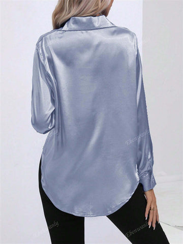 Casual Turn-Down Collar Button Faux Silk Satin Solid Color Long Sleeve Shirt Top For Women