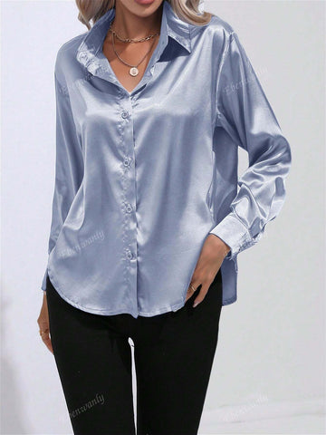 Casual Turn-Down Collar Button Faux Silk Satin Solid Color Long Sleeve Shirt Top For Women