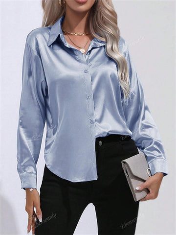 Casual Turn-Down Collar Button Faux Silk Satin Solid Color Long Sleeve Shirt Top For Women