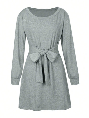 Casual Waist Tie Long Sleeve Dress, Autumn