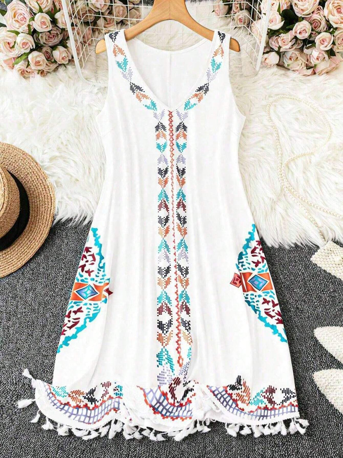 Casual Women's Loose A-Line Hem Tassel Print Dress, Summer