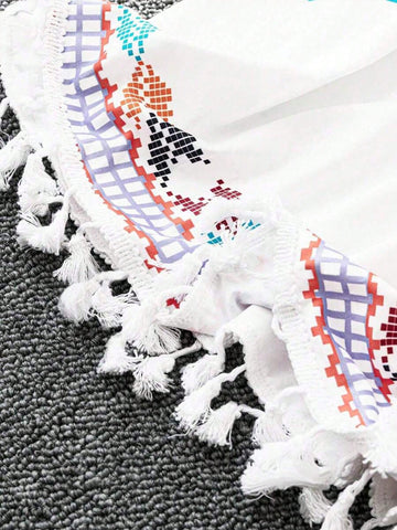 Casual Women's Loose A-Line Hem Tassel Print Dress, Summer