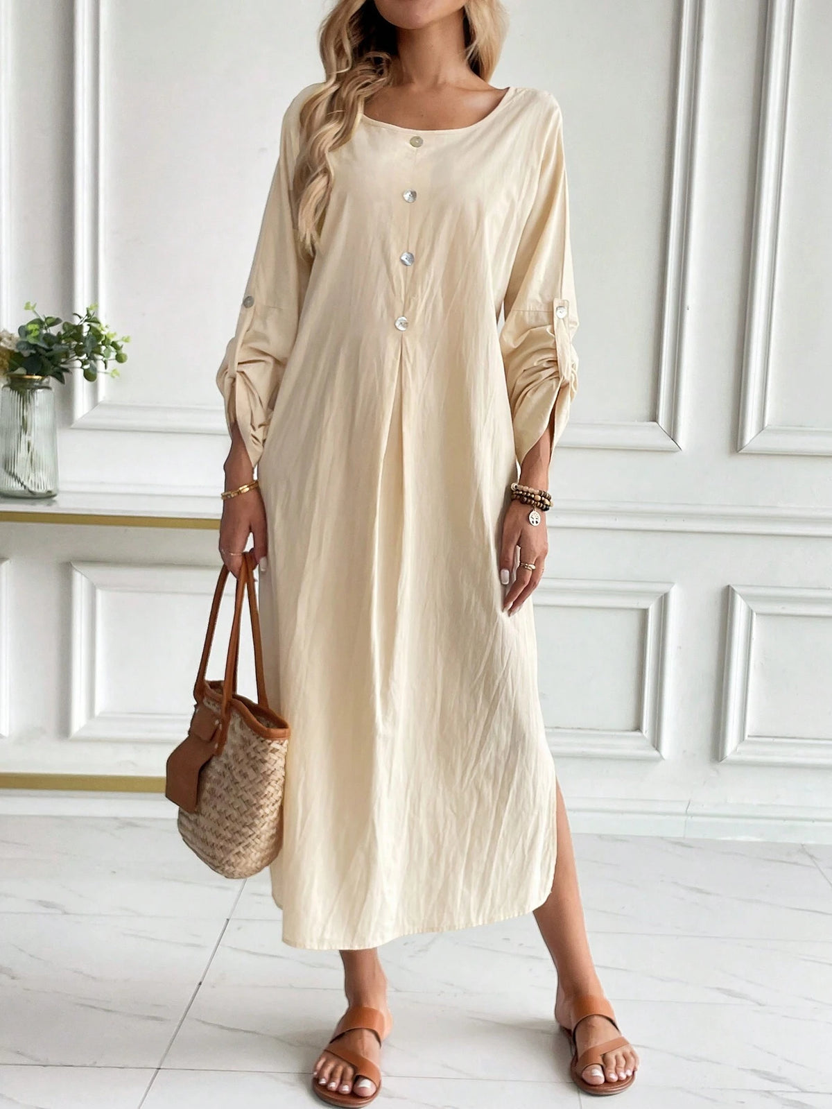 Casual & Elegant Round Neck Long Sleeve Loose Dress With Shell Buttons