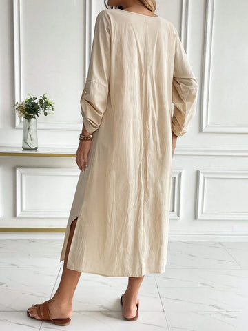 Casual & Elegant Round Neck Long Sleeve Loose Dress With Shell Buttons