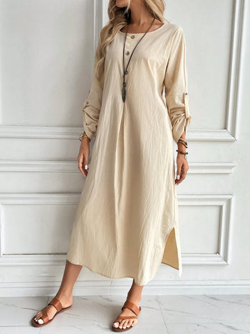 Casual & Elegant Round Neck Long Sleeve Loose Dress With Shell Buttons