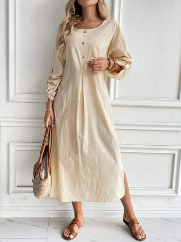 Casual & Elegant Round Neck Long Sleeve Loose Dress With Shell Buttons