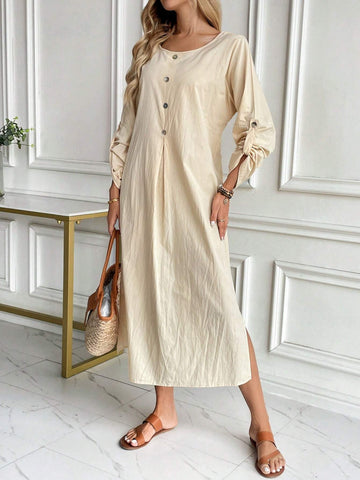 Casual & Elegant Round Neck Long Sleeve Loose Dress With Shell Buttons