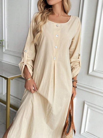 Casual & Elegant Round Neck Long Sleeve Loose Dress With Shell Buttons