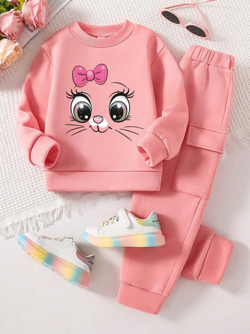 Cat Print Crew Neck Sweatshirt And Sweatpants Set For Young Girls