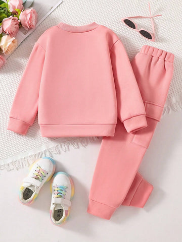Cat Print Crew Neck Sweatshirt And Sweatpants Set For Young Girls