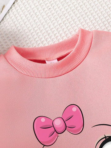 Cat Print Crew Neck Sweatshirt And Sweatpants Set For Young Girls