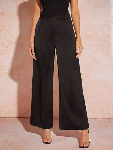 Women's Black Satin Straight Wide-Leg Trousers With Side Slits