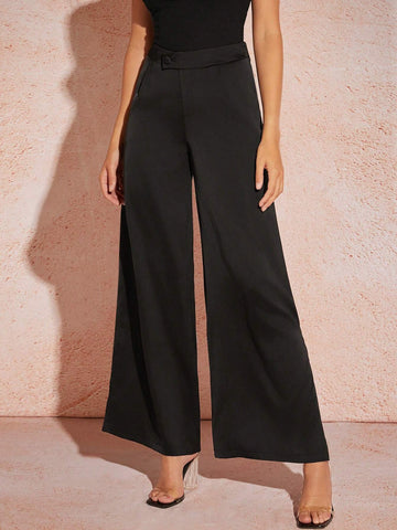 Women's Black Satin Straight Wide-Leg Trousers With Side Slits