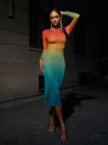 Celestial Ombre Long Sleeve Mesh Midi Dress