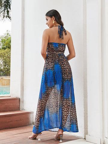 Celosia Leopard Cutout Split Dress In Blue