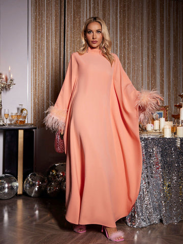 Ceridwen Long Sleeve Feather Maxi Dress In Orange