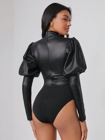 High Neck Gigot Sleeve Contrast Lace PU Leather Bodysuit
