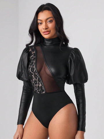 High Neck Gigot Sleeve Contrast Lace PU Leather Bodysuit