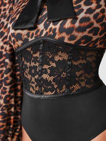 Leopard Print Tie Neck Contrast Lace Bodysuit