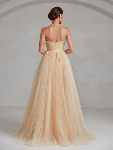 Chain Detail Mesh Prom Tube Gown