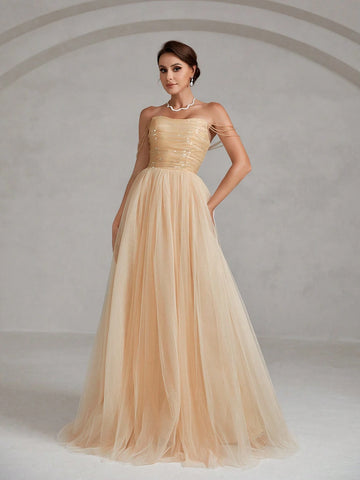 Chain Detail Mesh Prom Tube Gown