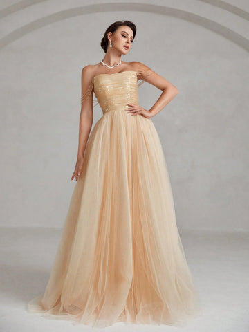 Chain Detail Mesh Prom Tube Gown