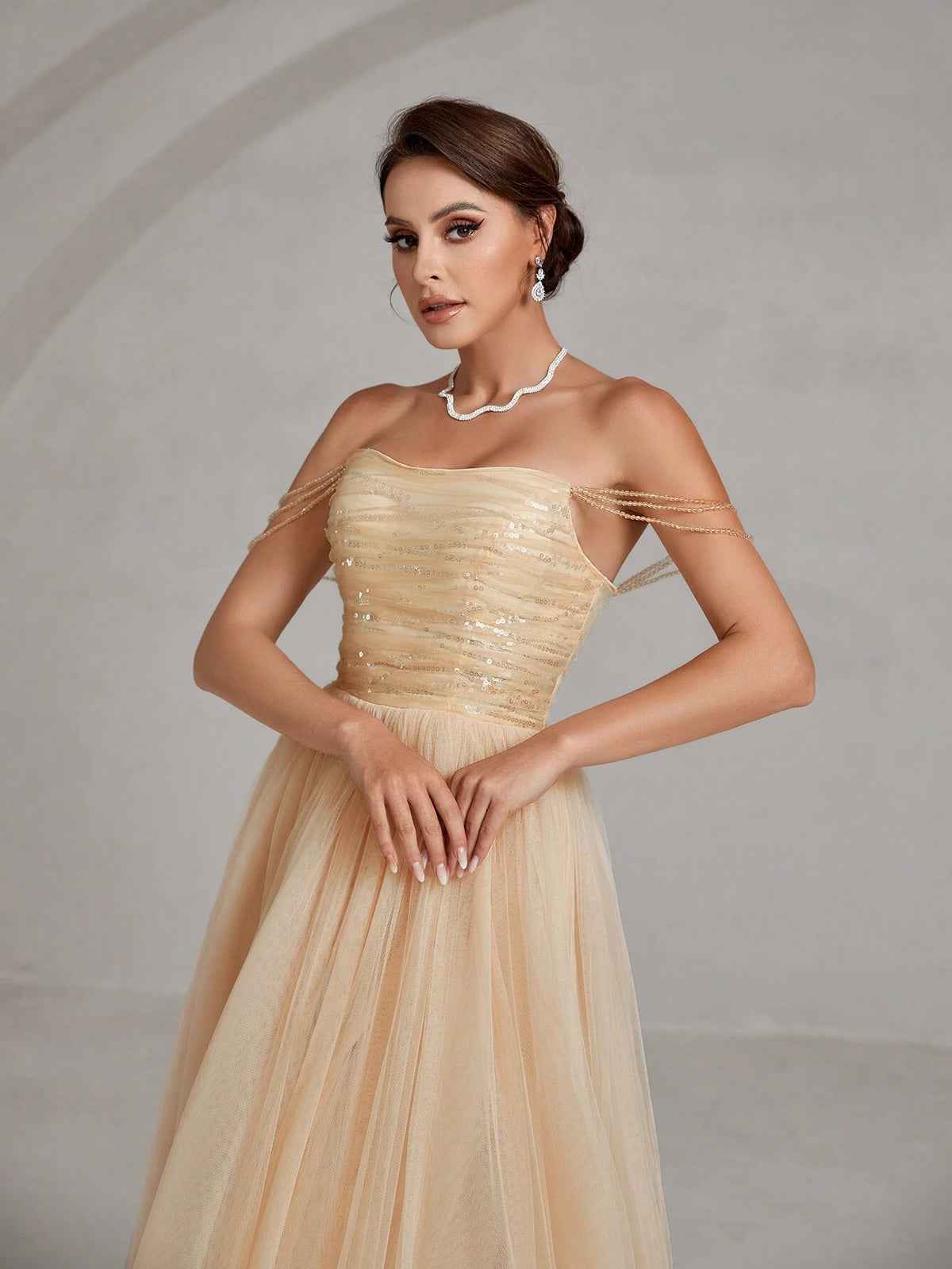 Chain Detail Mesh Prom Tube Gown