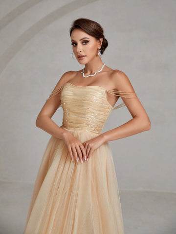 Chain Detail Mesh Prom Tube Gown