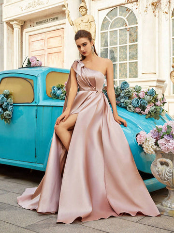 Champagne Asymmetrical Neckline Thigh-High Split Taffeta Cocktail Dress