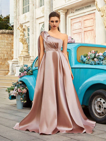 Champagne Asymmetrical Neckline Thigh-High Split Taffeta Cocktail Dress